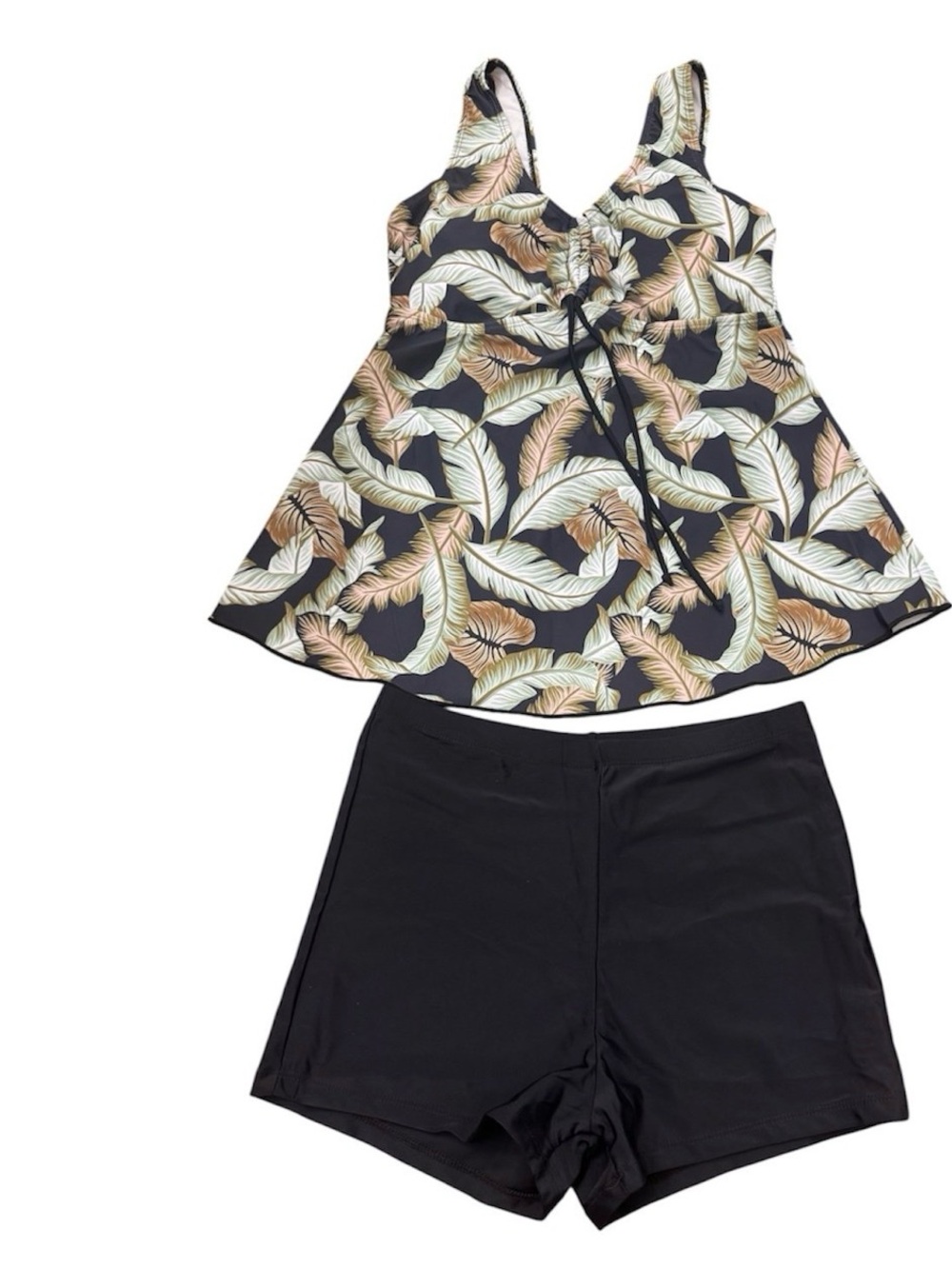 Tropical Leaf Tankini Top with Black Swim Shorts
